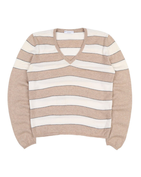 BRUNELLO CUCINELLI Pullover Brown Striped V Neck Cashmere Men's Jumper Size XXL