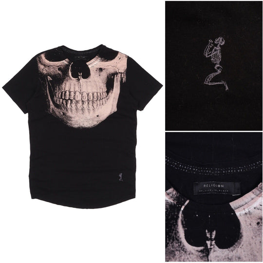 Men's RELIGION Skull Print Black Cotton Short Sleeve T-Shirt Size M