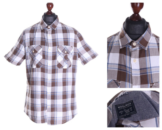 Men's WOOLRICH Brown Check 100% Cotton Short Sleeve Shirt Size 2XL