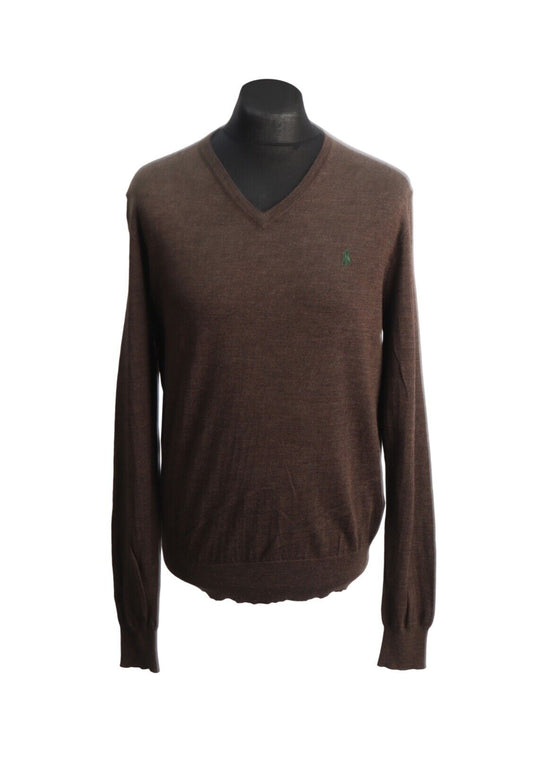 Polo RALPH LAUREN Jumper Brown Wool V Neck Men's Pullover Size L Slim Fit