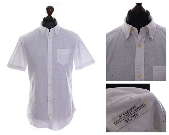 Men's ALL SAINTS White Cotton Dashed Lines Hermann Short Sleeve Shirt Size s