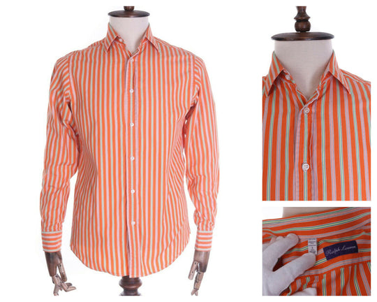 Men's RALPH LAUREN PURPLE LABEL Orange Striped 100% Cotton LS Shirt Size s