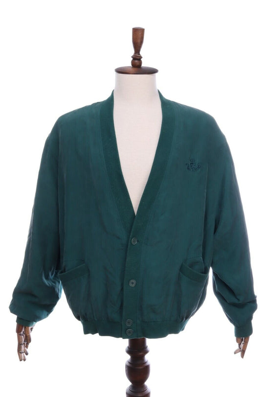 Men's Vintage PAUL & SHARK Green Pure Silk V-Neck Cardigan Jumper Size XL