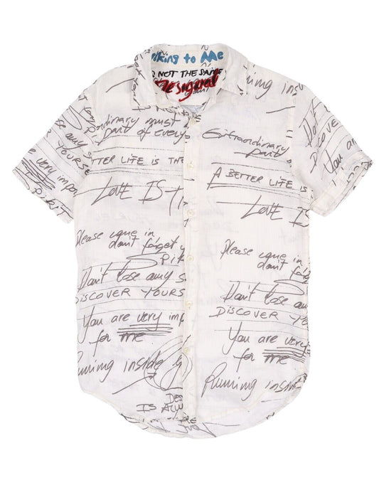 Men's DESIGUAL White Script Linen Summer Short Sleeve Shirt Size s