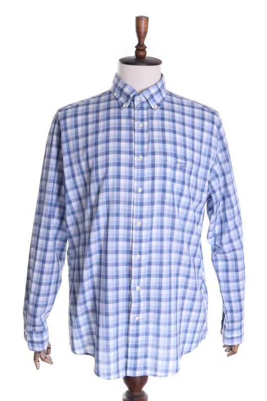 Men's GANT Blue Check 100% Cotton LS Malibu Heather Poplin Shirt Size XL Reg