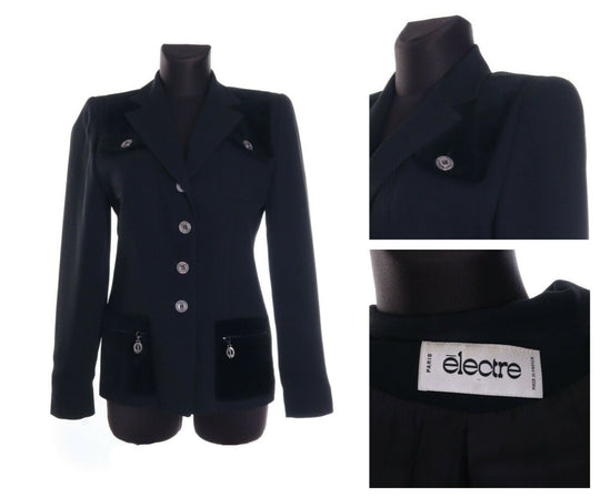 Women's ELECTRE PARIS Black Wool Blend Multipocket Blazer Jacket Size M