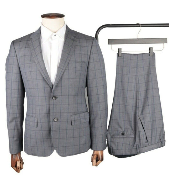 Men's HUGO BOSS Grey Windowpane Wool 2 Piece Suit Size 38 R / 48 IT