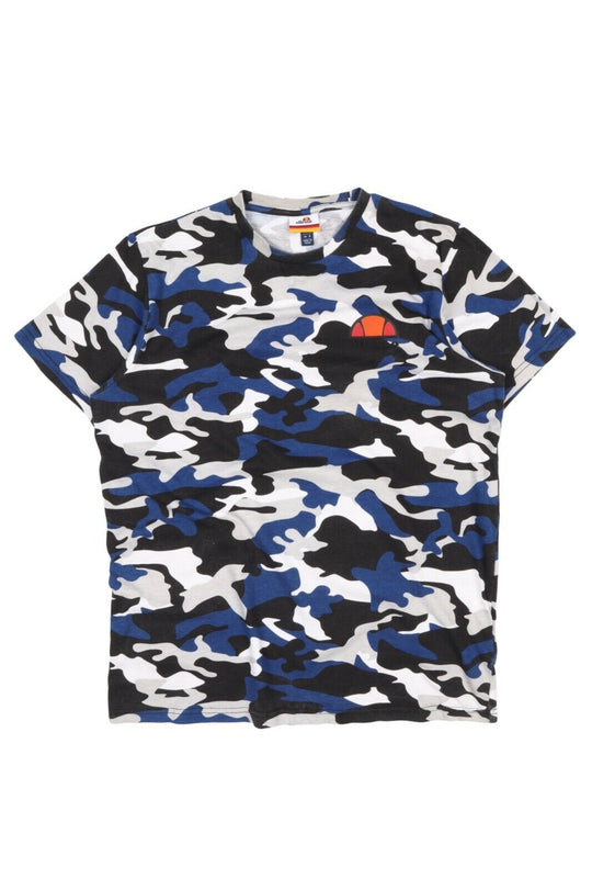Men's ELLESSE Blue Camo Cotton Short Sleeve Logo T Shirt Size s