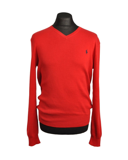 RALPH LAUREN Sweater Red Cotton V-Neck Ribbed Trim Mens Knit Pullover Size S
