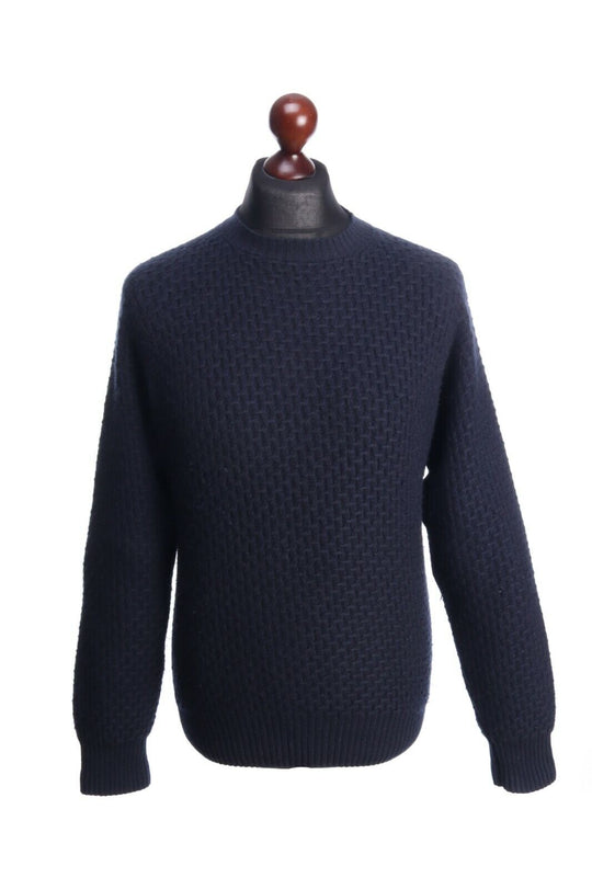 Men's KITON NAPOLI Navy 100% Cashmere 3D Waffle Knit Crew Neck Jumper Size 48