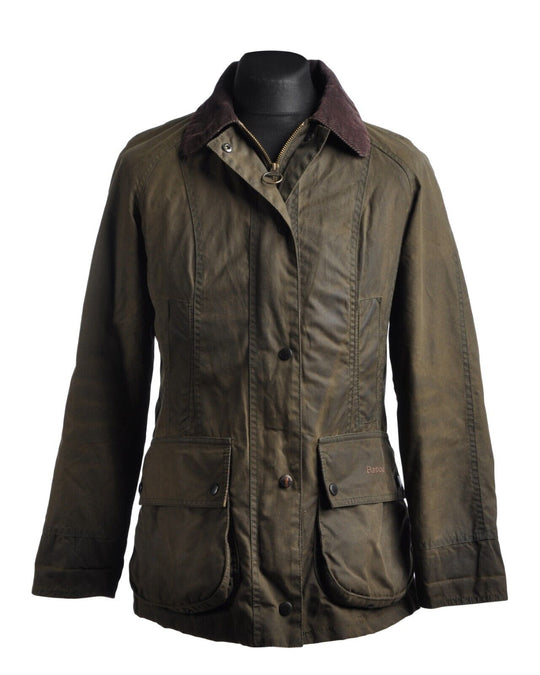 BARBOUR Beadnell Jacket Olive Waxed Cotton Women Parka Size UK 10 US 6