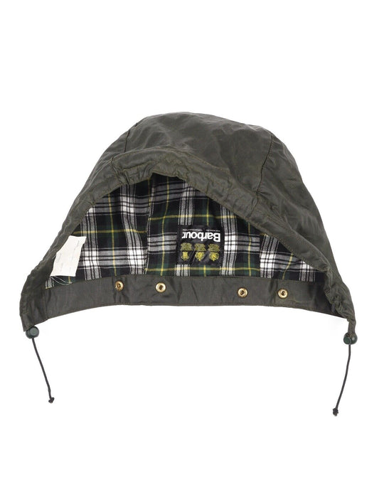 BABROUR Green Waxed Cotton Detachable Snap Hood Tartan Lined Size Large