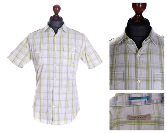 Men's TED BAKER Green Check 100% Cotton Short Sleeve Shirt Size 4