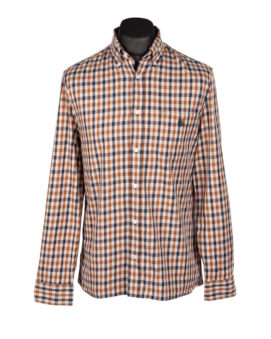 AQUASCUTUM Shirt Brown House Check Cotton Men's Button Down Size L