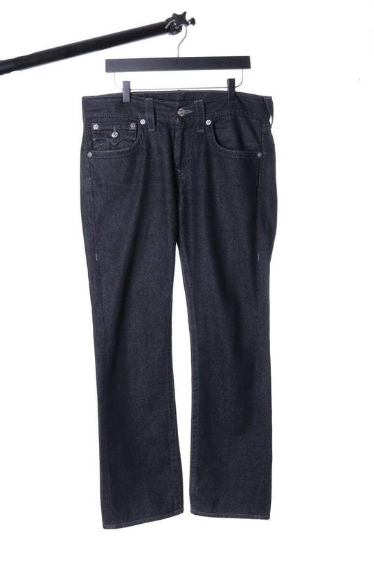Men's TRUE RELIGION Black Cotton Denim Straight W/Flaps Jeans Size 31