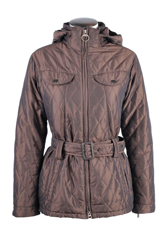 Women's BARBOUR Brown Quilted Hooded Belted Cameron Lux Jacket Size UK 10 US 6