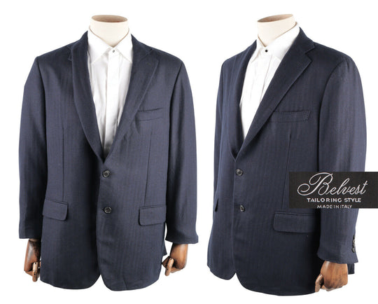 Men's BELVEST Navy 100% Cashmere Herringbone Blazer Jacket Size 46 / 56