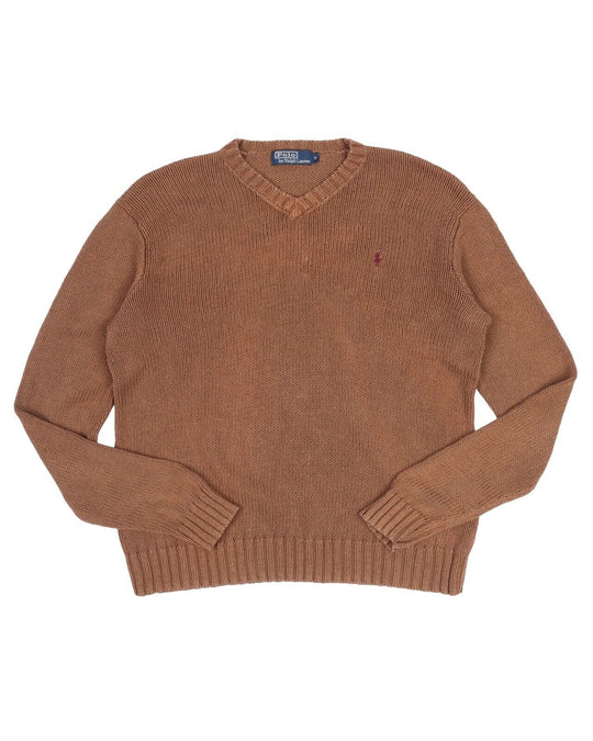 Men's POLO RALPH LAUREN Brown Cotton V Neck Sweater Jumper Size M