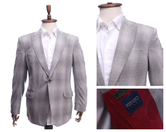 KENZO Grey Glen Check Slim Fit Peak Lapel Blazer Jacket Size 52