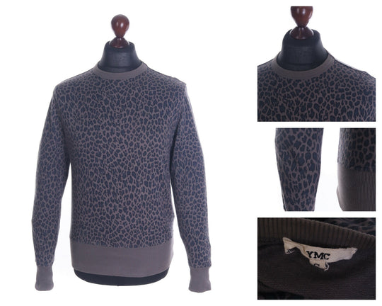Men's YMC Grey 100% Cotton Animal Print Crew Neck Sweater Size s