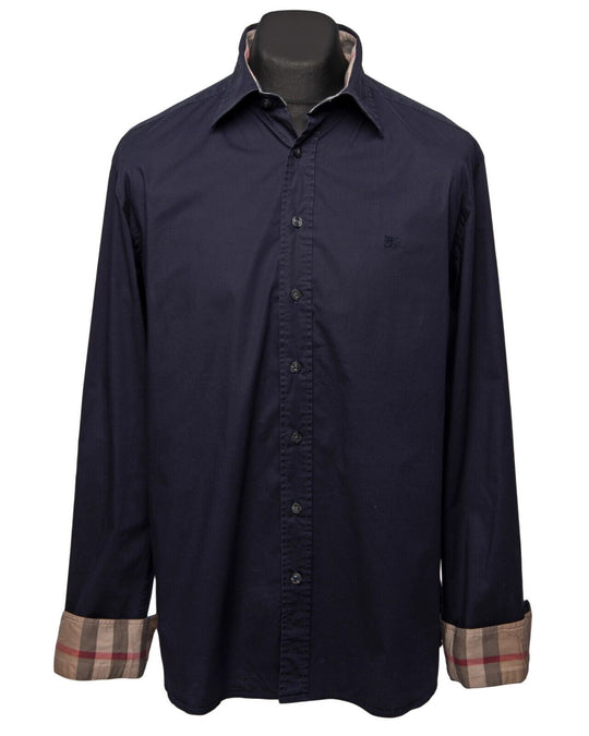 BURBERRY Brit Shirt Navy Cotton Men's Button Up Nova Check Cuffs Size XL