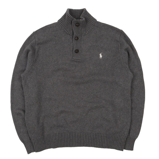 Men's POLO RALPH LAUREN Grey Cotton Button Neck Jumper Size L