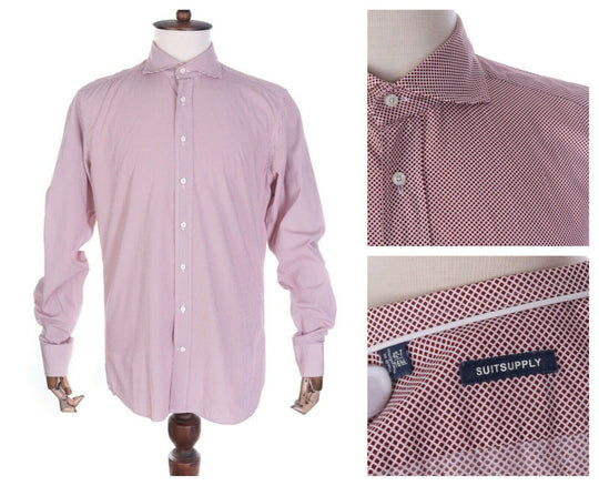 Men's SUITSUPPLY Red Grenadine 100% Cotton Slim Fit LS Shirt Size 42-7 , 16 1/2