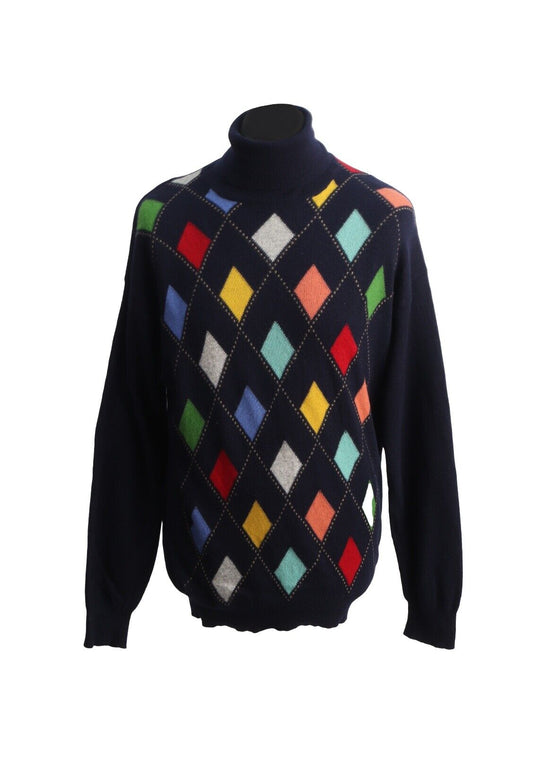Vintage BENETTON Turtleneck Argyle Sweater Navy Blue Men's Jumper Size M
