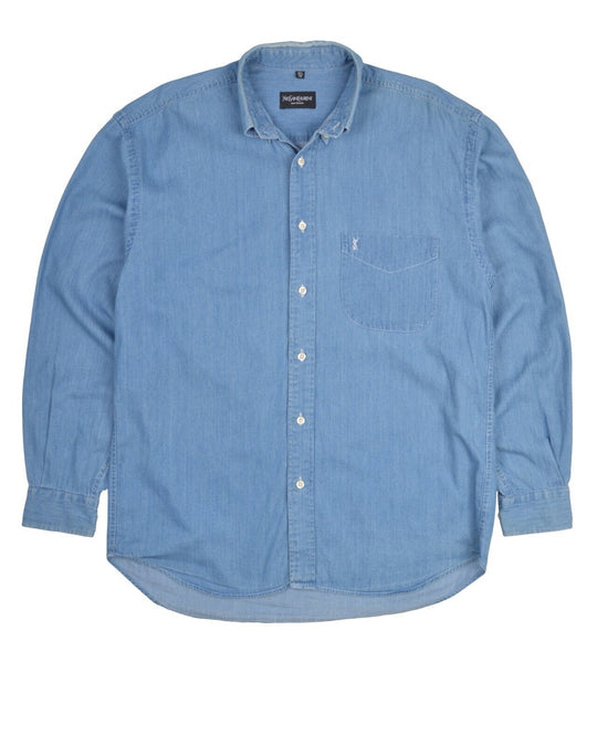 YSL YVES SAINT LAURENT Shirt Blue Denim Cotton Men's Button Up Size 40 / 15 3/4