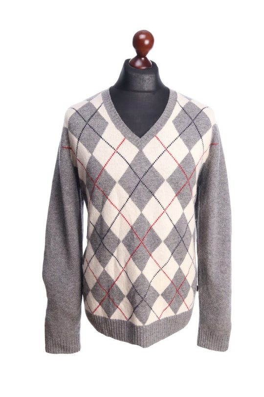 Men's GANT Grey Lambs Wool Argyle Elbow Patch V-Neck Sweater Jumper Size L