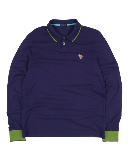 Men's PAUL SMITH Navy Blue Pique Cotton Zebra Long Sleeve Polo Shirt Size L