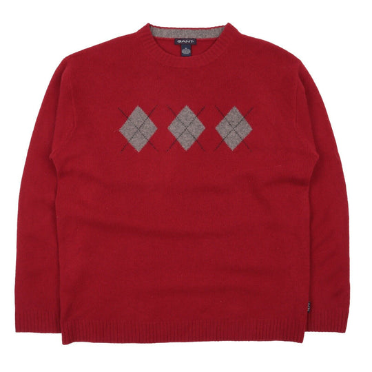 Men's GANT Red Argyle Wool Crew Neck Jumper Size XL