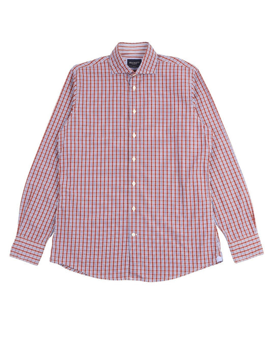 HACKETT London Shirt Brown Navy Check Poplin Cotton Men's Classic Fit Size M