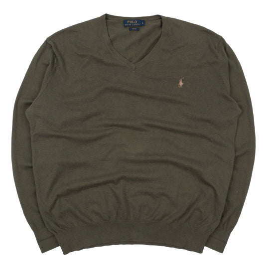 Men's POLO RALPH LAUREN Green Cotton Cashmere V Neck Jumper Size L