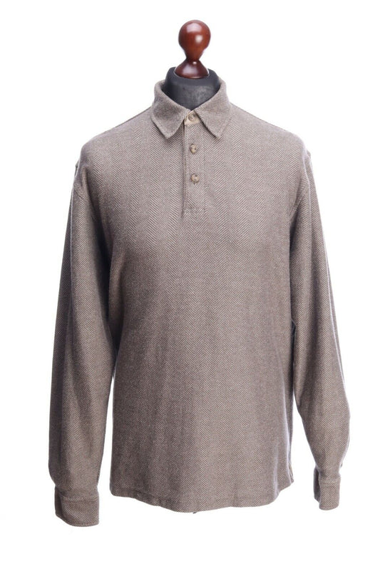 LL BEAN Beige Grey 100% Cotton Herringbone Polo Neck Shirt Size L