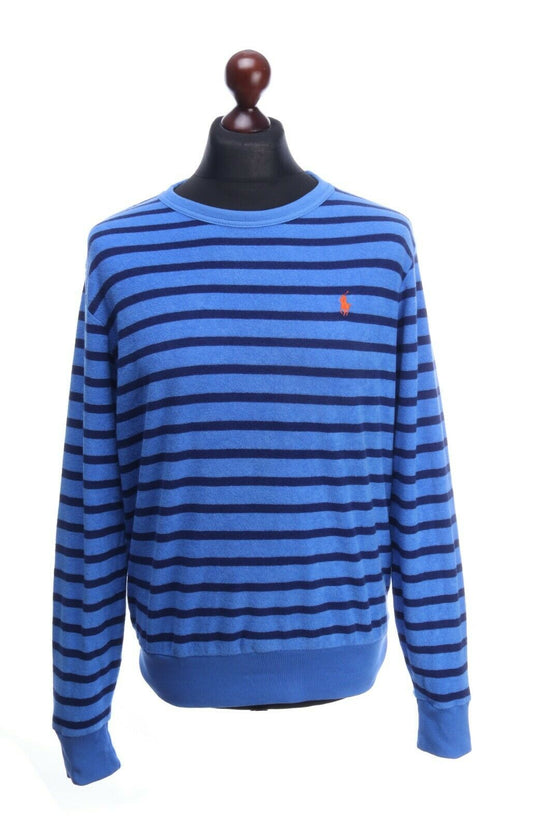 POLO RALPH LAUREN Blue Striped 100% Cotton Crew Neck Sweater Jumper Size M