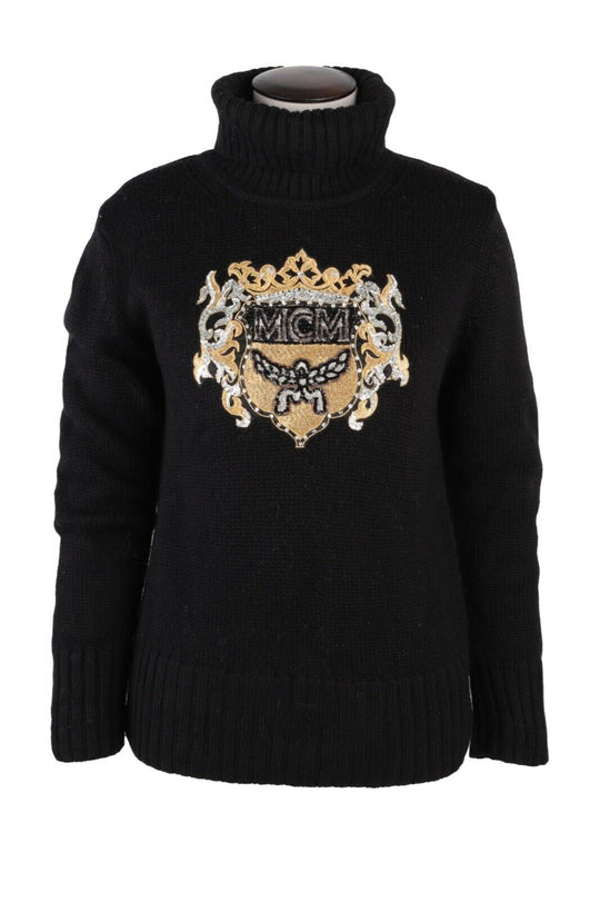 Women's MCM Black Wool Big Sequin Logo Turtleneck Sweater Jumper Size ~ M