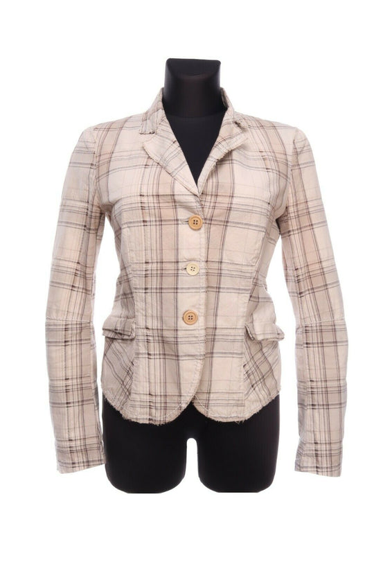 MARITHE FRANCOIS GIRBAUD Beige Cotton Check Notch Blazer Jacket Size 44
