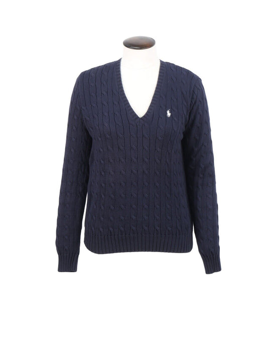 RALPH LAUREN Jumper Navy Blue Cable Knit Cotton Women's V Neck Size L