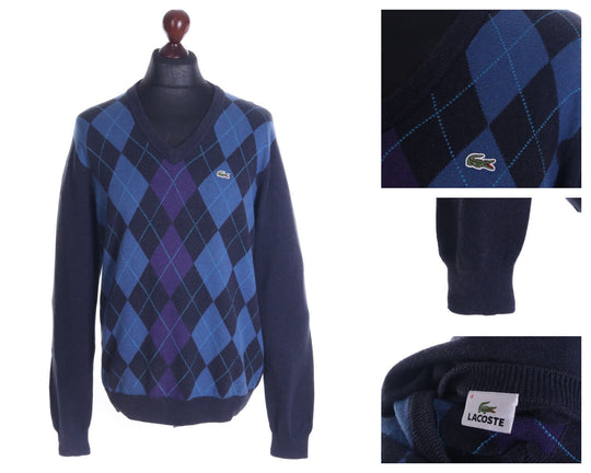 Men's LACOSTE Navy Blue Cotton Blend Argyle V-Neck Sweater Size 4