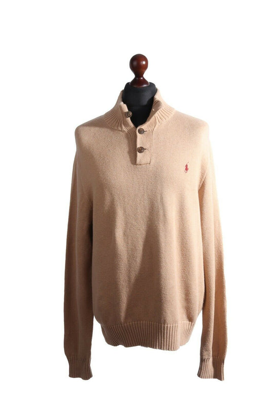 Men's POLO RALPH LAUREN Beige Ribbed Mock Button Neck Jumper Size XL
