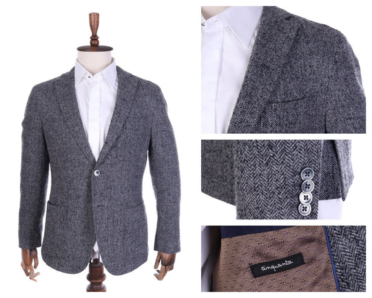 Men's PAOLONI Grey Wool Herringbone Jacket Blazer Size 50