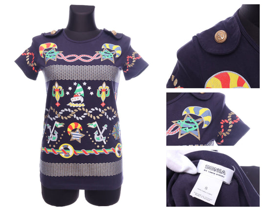 SONIA RYKIEL Dark Blue Marine Sailing Theme Cotton SS T-Shirt Size S