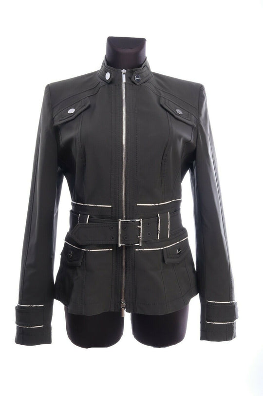 KAREN MILLEN ENGLAND Olive Full Zip Belted Multipocket Military Jacket Size 42