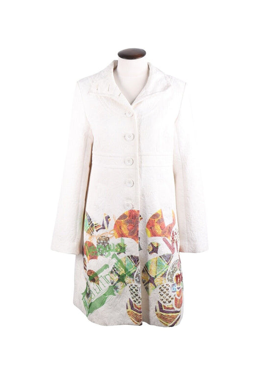 DESIGUAL Coat White Floral Printed Women's Overcoat Size ~ L