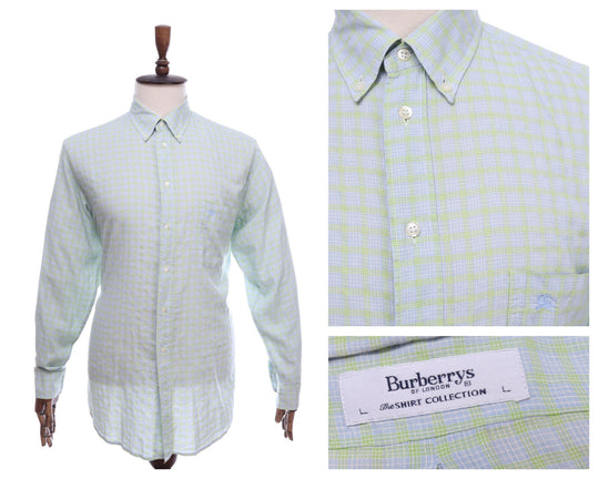 Men's Vintage BURBERRYS LONDON Blue Green Long Sleeve Shirt Size L