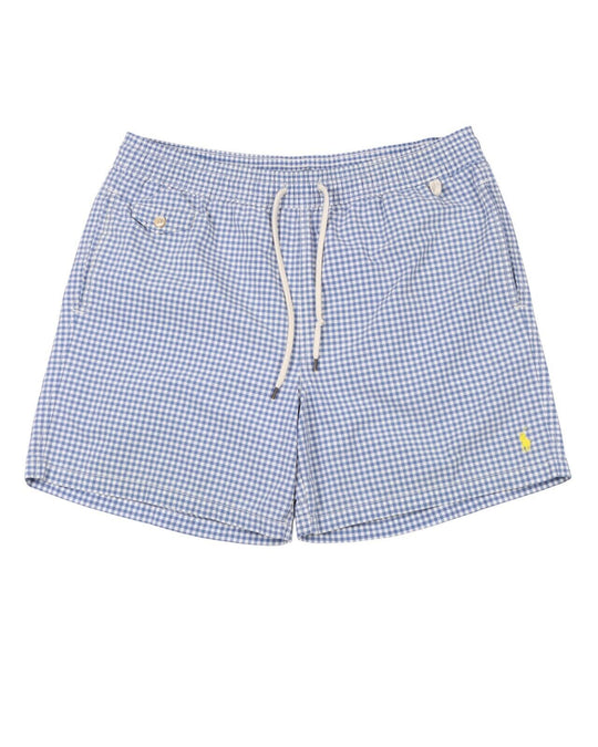 RALPH LAUREN Swim Shorts Blue Check Elastic Waist Mens Bermuda Size L