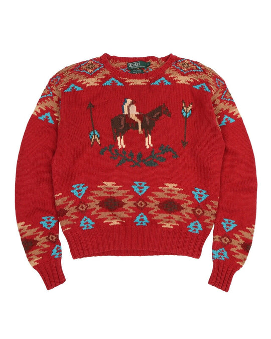 Vintage Polo RALPH LAUREN Red Cotton Hand Knit Indian Aztec Jumper Men's Size XL