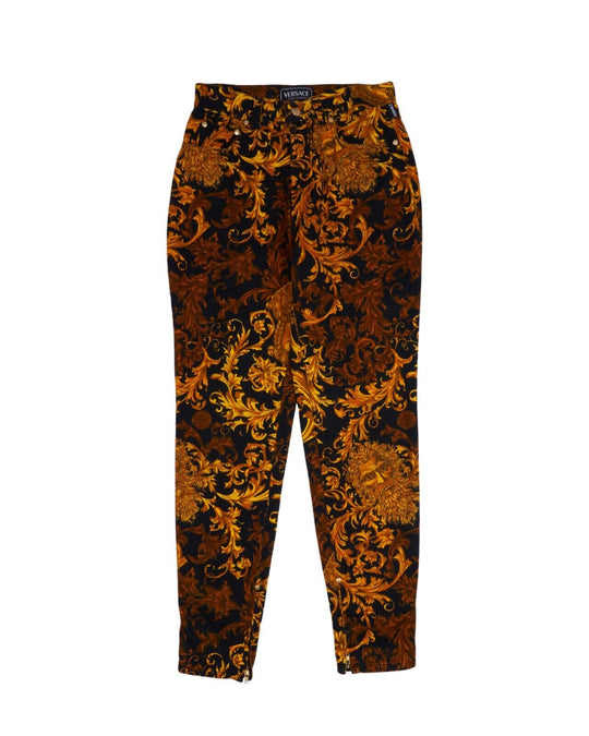 Vintage VERSACE Pants Black Baroque Leaves Logo Ankle Zip Jeans Size 31