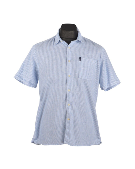 Men's BARBOUR Blue Striped Linen Cotton Regular Fit Short Sleeve Shirt Size M